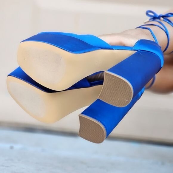 Womens Satin Platform Chunky Lace Up Heels Blue Color - Picture 5 of 5